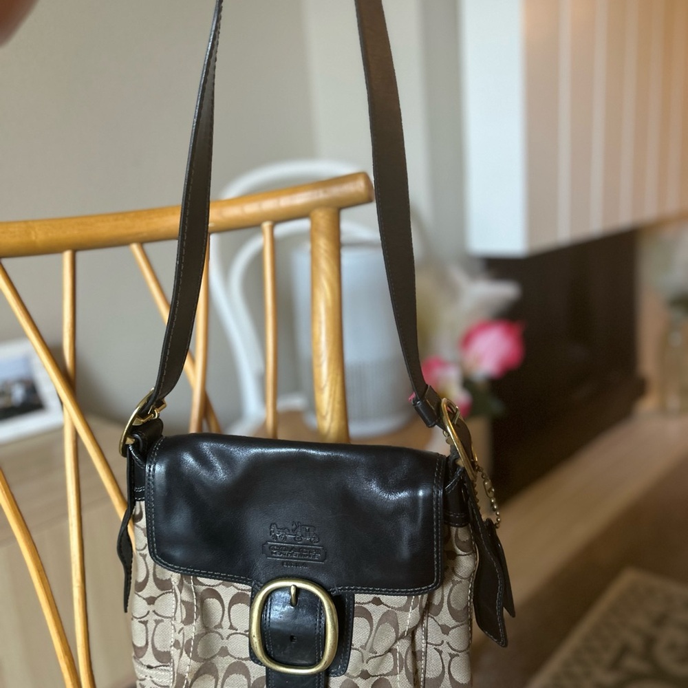 Coach Signature Canvas and Leather Shoulder Bag - Black and Tan